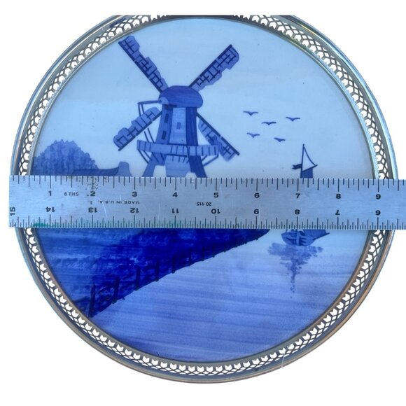 Vintage Delft Blue Windmill Scene Tray & 5 Coasters With Filigree Sides Marked G - Picture 3 of 16